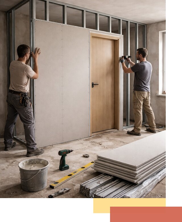 Перегородка из гипсокартона с дверью под ключ в Дмитрове