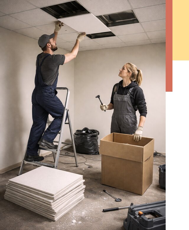 Демонтаж потолочной плитки в Дмитрове от 4824 руб. быстро и недорого | ОТДЕЛОЧНИК-Дмв