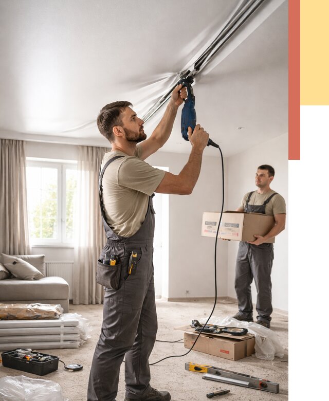 Монтаж сатинового натяжного потолка в Дмитрове от 3752 руб. | Быстро, недорого — ОТДЕЛОЧНИК-Дмв