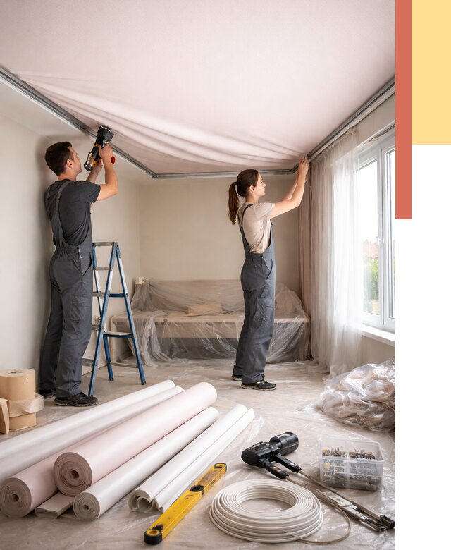 Монтаж цветного натяжного потолка в Дмитрове от 4502 руб/м² — быстро и недорого | ОТДЕЛОЧНИК-Дмв