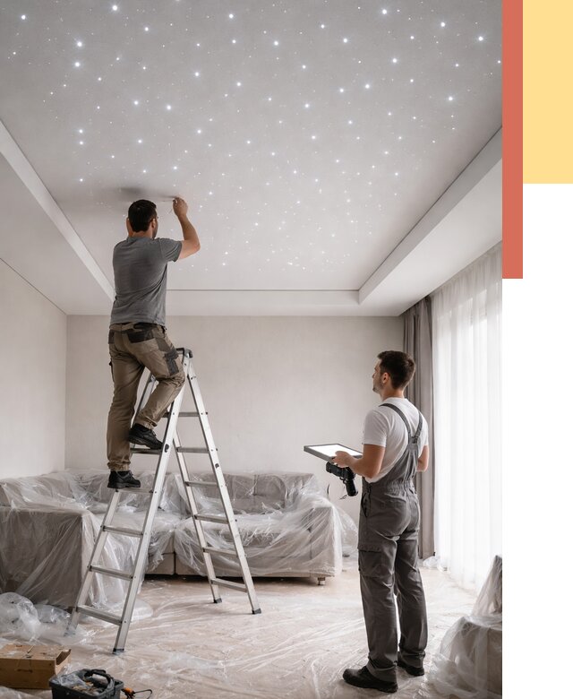 Монтаж натяжного потолка «звездное небо» в Дмитрове от 6968 руб. | ОТДЕЛОЧНИК-Дмв