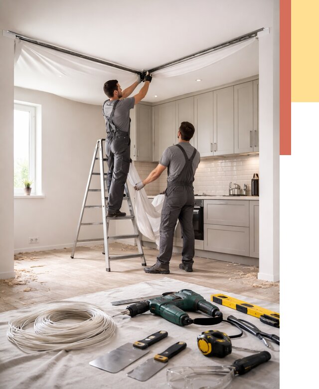 Установка натяжного потолка на кухне в Дмитрове от 2573 руб. | ОТДЕЛОЧНИК-Дмв