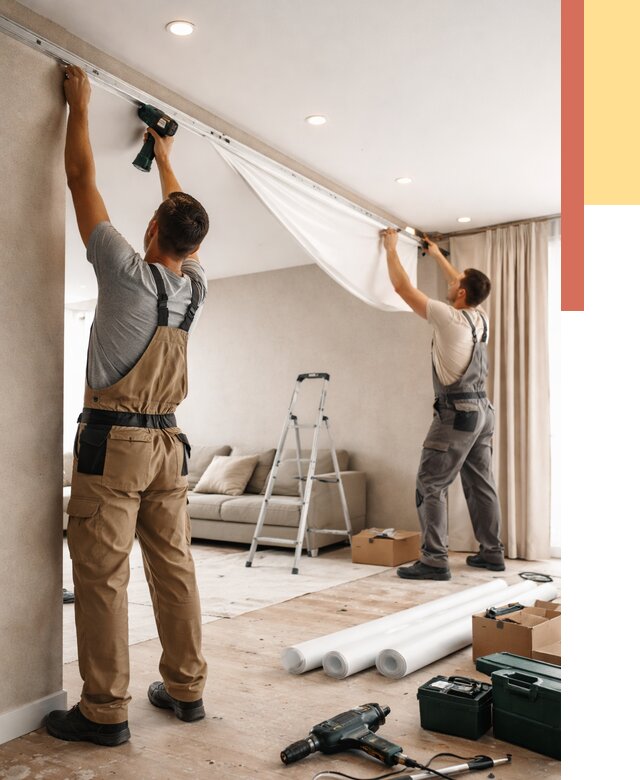 Монтаж натяжного потолка в гостиной в Дмитрове от 590 руб. | ОТДЕЛОЧНИК-Дмв