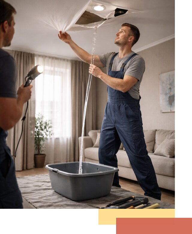 Слив воды с натяжного потолка в Дмитрове быстро и аккуратно