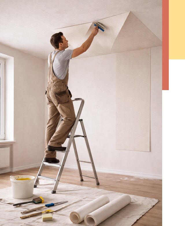 Поклейка обоев на потолок в Дмитрове от 4824 руб. быстро и недорого | ОТДЕЛОЧНИК-Дмв